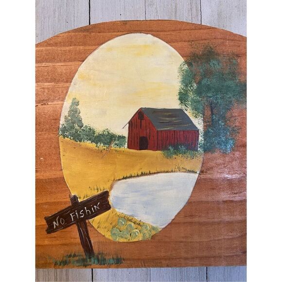 Vintage 1998 Handmade Hand Painted Wooden Hanging Sign Barn & Pond Scene Signed - Picture 3 of 8